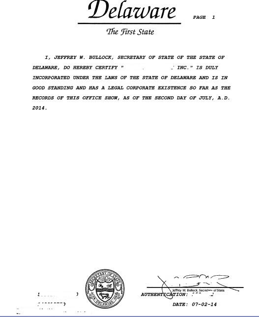 美国特拉华公司存续证明样本